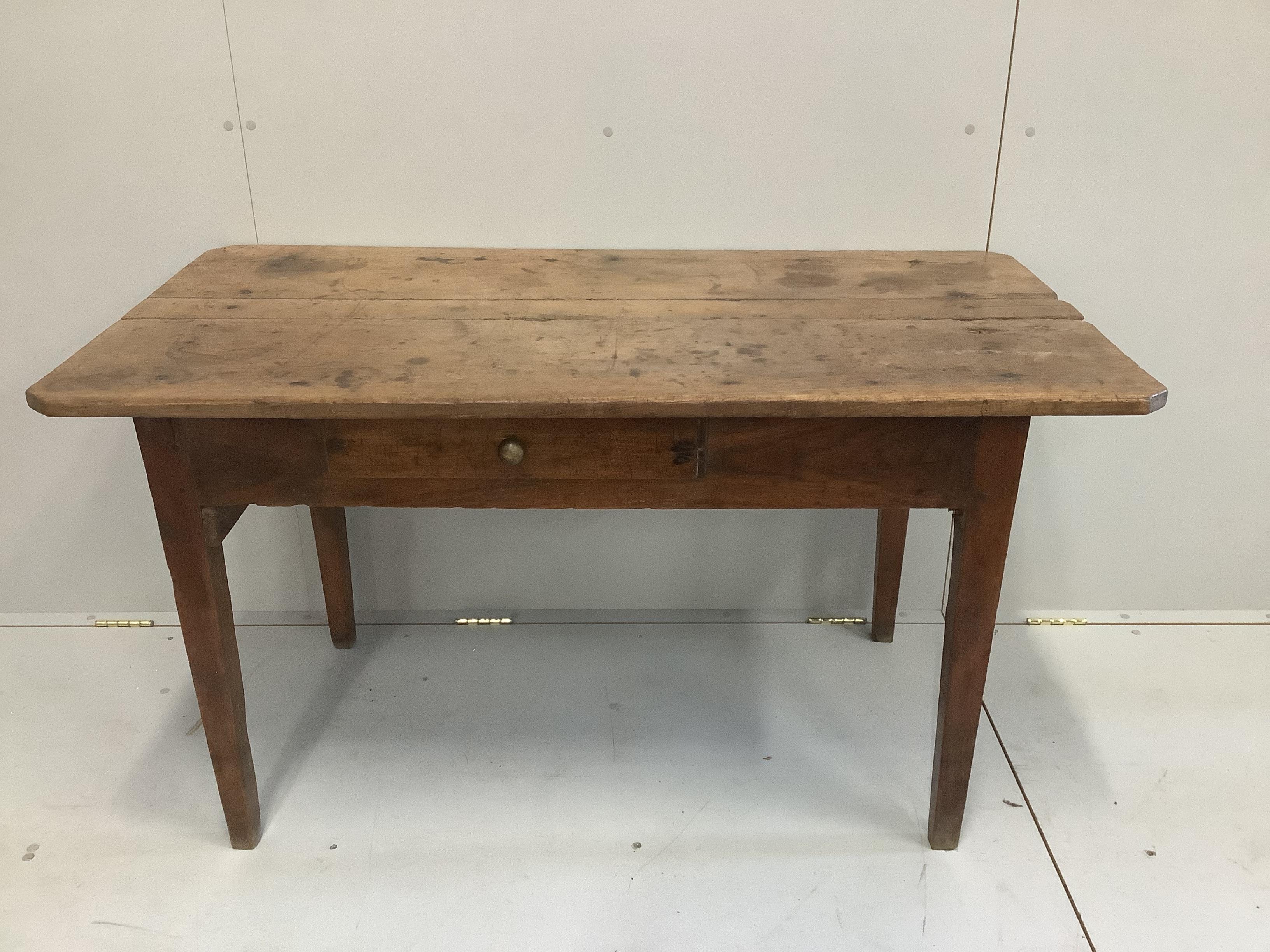 A 19th century French oak and fruitwood kitchen table with frieze drawer, width 132cm, depth 69cm, height 71cm